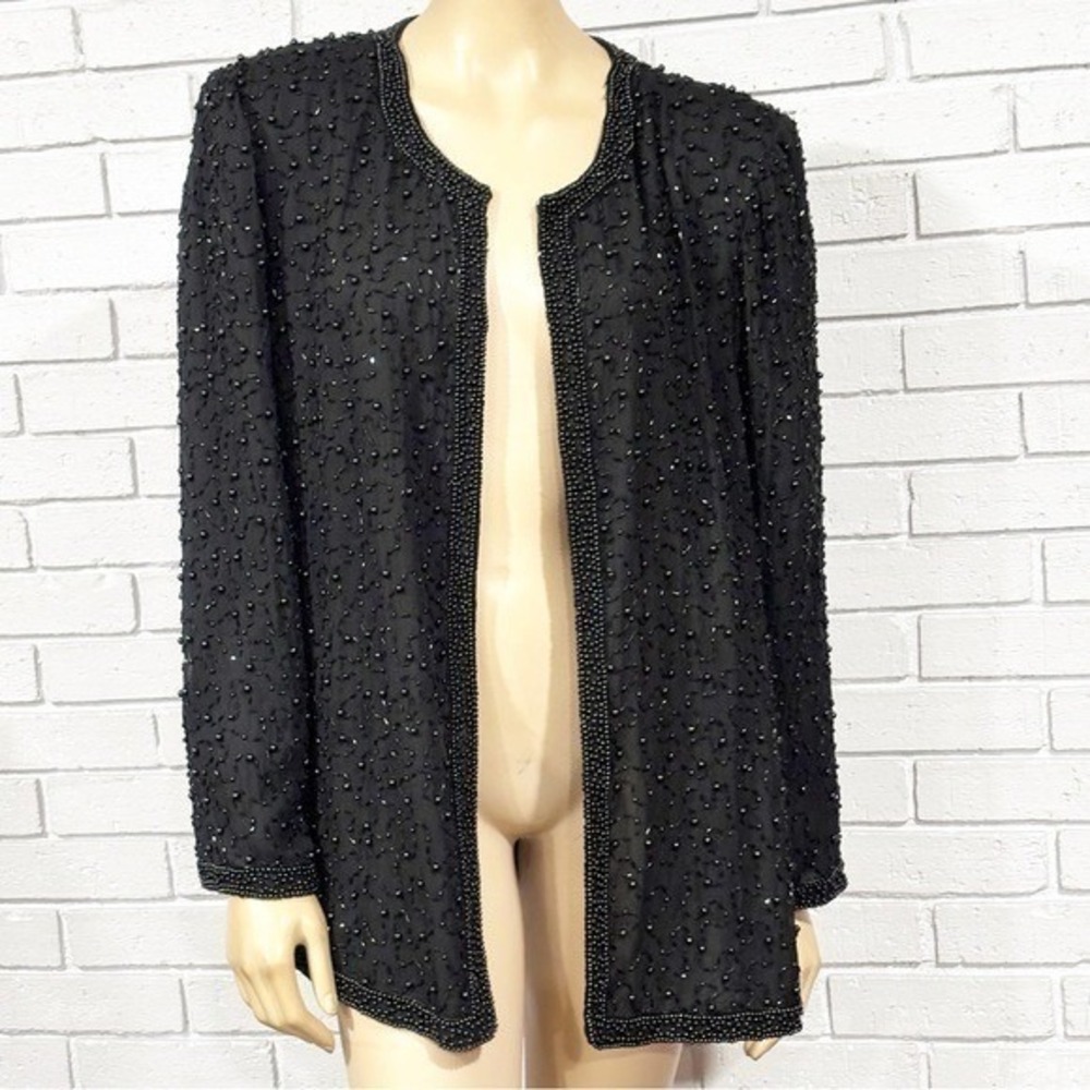 Vintage Women's Y2K Black Beaded Whimsigoth Open Front  Jacket | Black Romantic‎